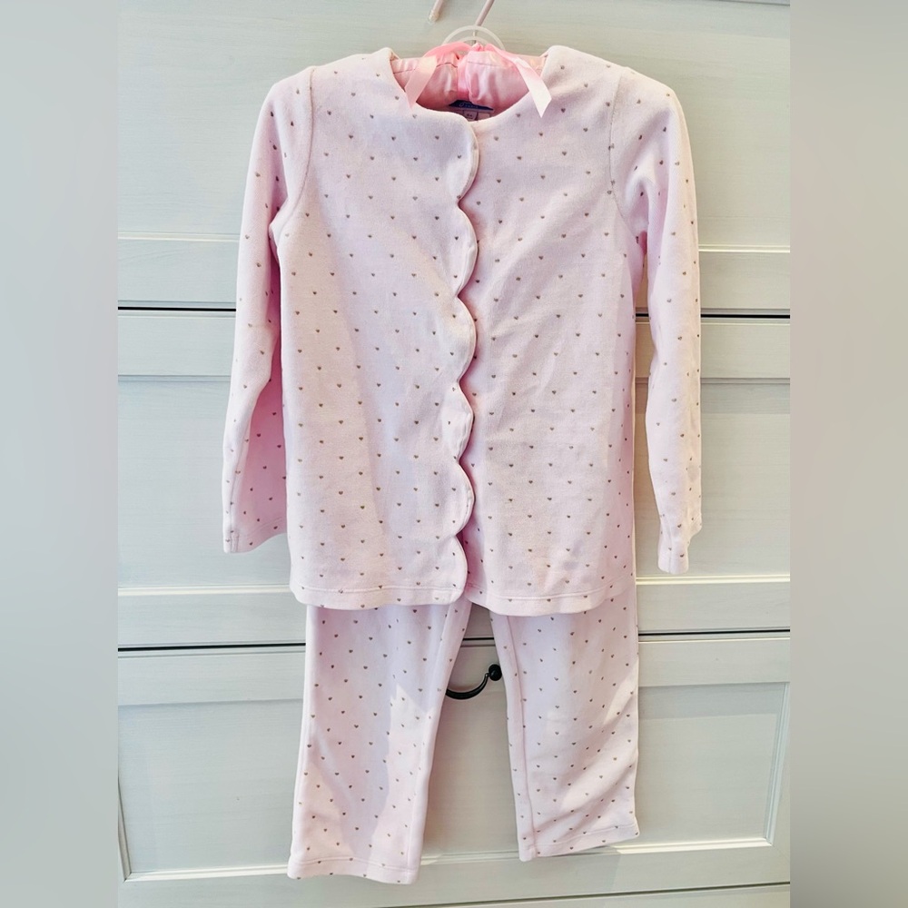 Jacadi Paris Girls Cozy Velour Pink Pajamas Matching Set Gold Dot Scallop - Sz 6